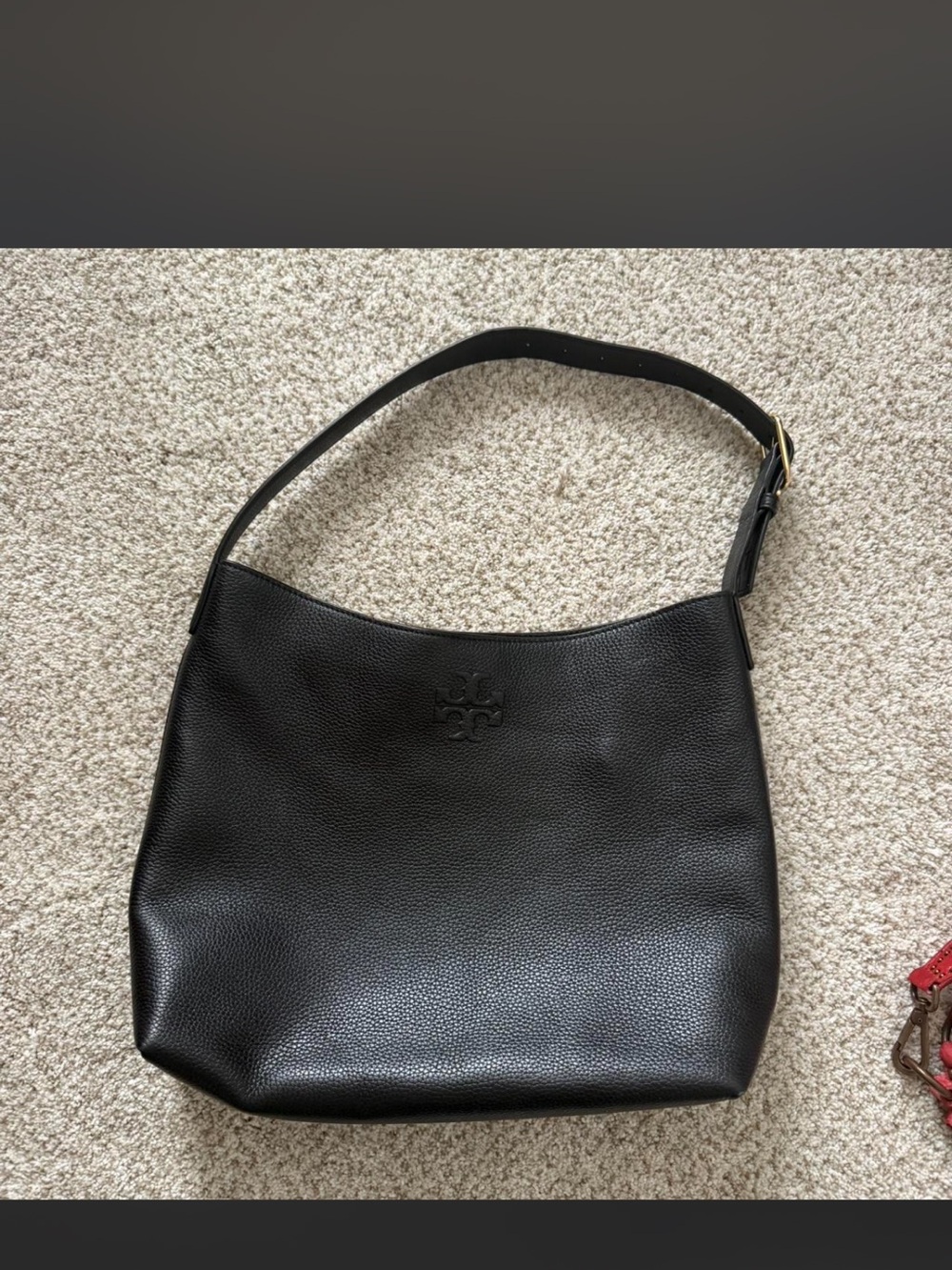 Tory Burch Black Pebbled Leather Hobo Bag with Gold-Tone Buckle